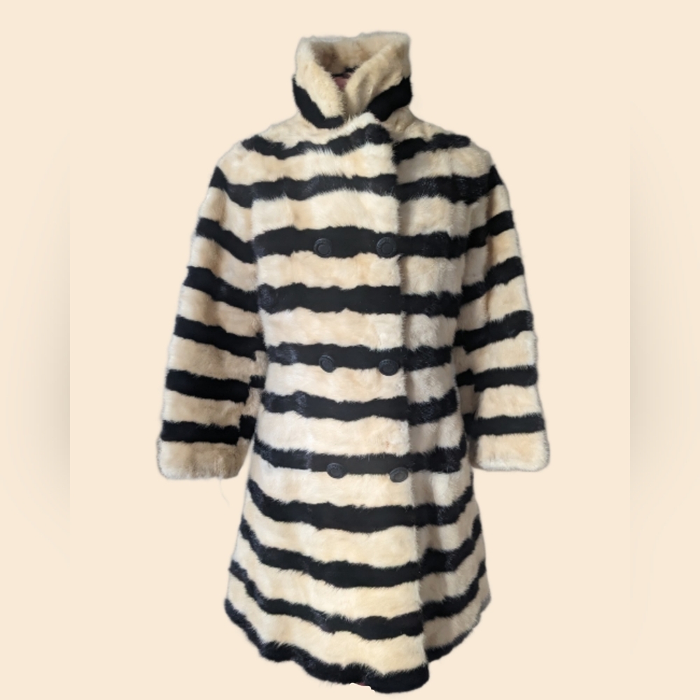 Rare vintage cream and black striped mod 60s coat real fur peacoat mob wife